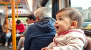 womensway 140 Baba vidáman utazik tömegközlekedési járművön.