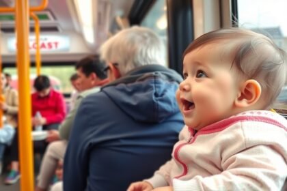 Baba vidáman utazik tömegközlekedési járművön.