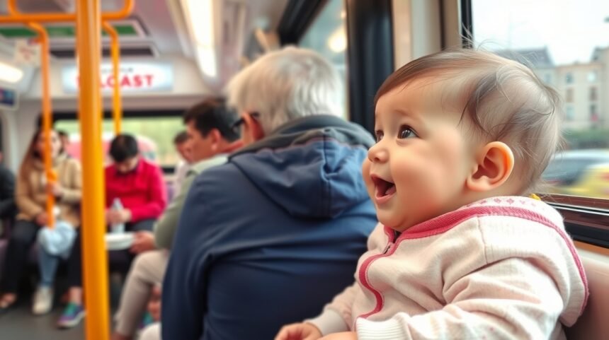 Baba vidáman utazik tömegközlekedési járművön.