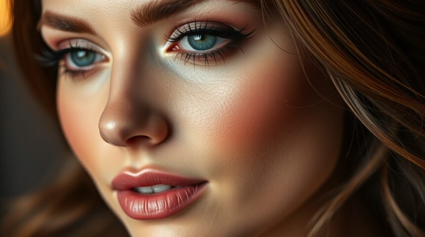 Sminkelt arc részlet, friss és tartós megjelenés.