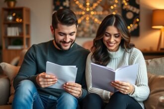 Pár romantikus levelet olvasó fiatalok egy otthonos környezetben.