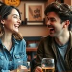 Fiatal pár nevet hölgyekkel egy kávézóban, boldog pillanatok.