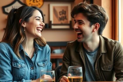 Fiatal pár nevet hölgyekkel egy kávézóban, boldog pillanatok.