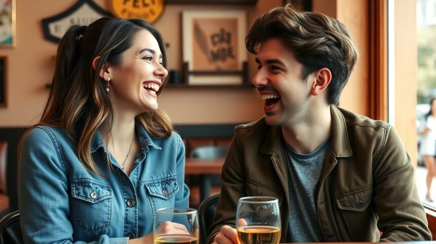 Fiatal pár nevet hölgyekkel egy kávézóban, boldog pillanatok.