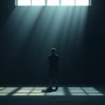 Férfi a sötét szobában, fény beszűrődik az ablakon.