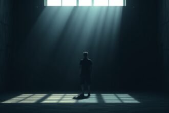 Férfi a sötét szobában, fény beszűrődik az ablakon.