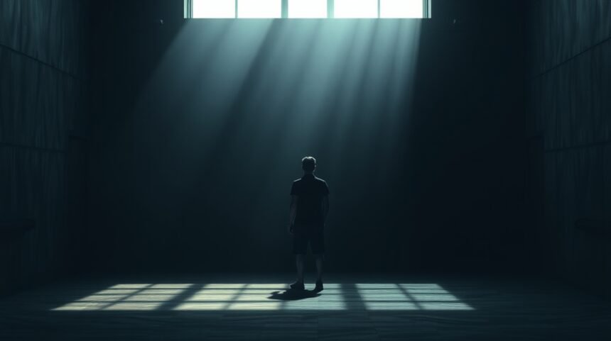 Férfi a sötét szobában, fény beszűrődik az ablakon.