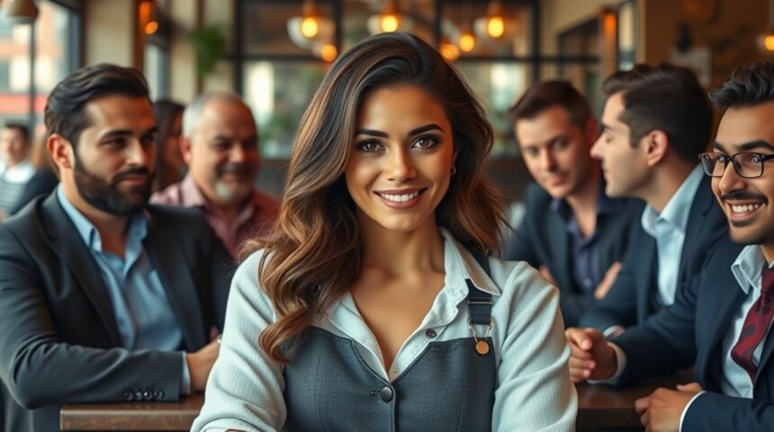 Egy magabiztos nő mosolyog csoport férfi mellett egy kávézóban.