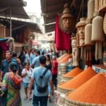 Élénk színek, maca por és helyi kézműves termékek egy piacon.