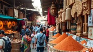 womensway 139 Élénk színek, maca por és helyi kézműves termékek egy piacon.