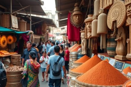 Élénk színek, maca por és helyi kézműves termékek egy piacon.