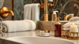 Luxus szépségápolási termékek és pihenés elemei fürdőszobában.