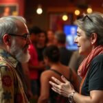 Két ember beszélget egy élettel teli helyszínen, élénk háttérrel.