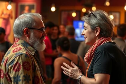 Két ember beszélget egy élettel teli helyszínen, élénk háttérrel.