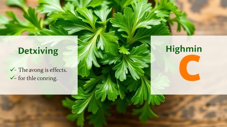Friss petrezselyem levelek kiemelkedő méregtelenítő hatása és C-vitamin tartalma.