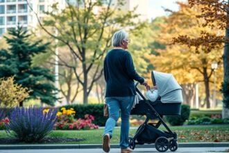 Baba-mama séta a parkban egy napsütéses napon