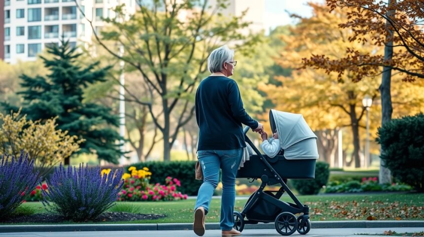 Baba-mama séta a parkban egy napsütéses napon