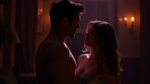 Pár közeliek a romantikus pillanatban, vágyakozós légkörben.