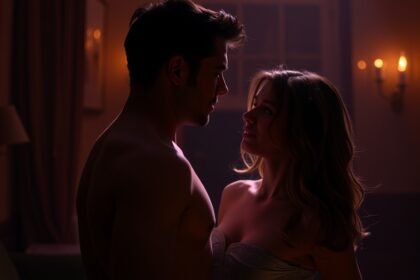 Pár közeliek a romantikus pillanatban, vágyakozós légkörben.