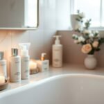 Otthoni arctisztító szerek és gyertyák fürdőszobai környezetben.