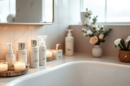 Otthoni arctisztító szerek és gyertyák fürdőszobai környezetben.