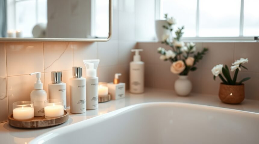 Otthoni arctisztító szerek és gyertyák fürdőszobai környezetben.
