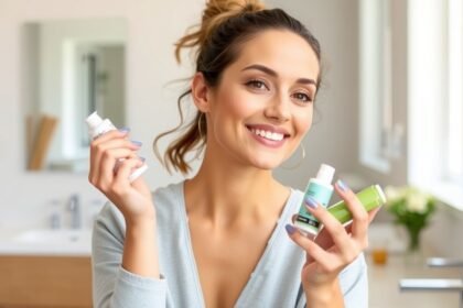 Női bőrápolás otthon, boldog mosoly a szépségápolásról.
