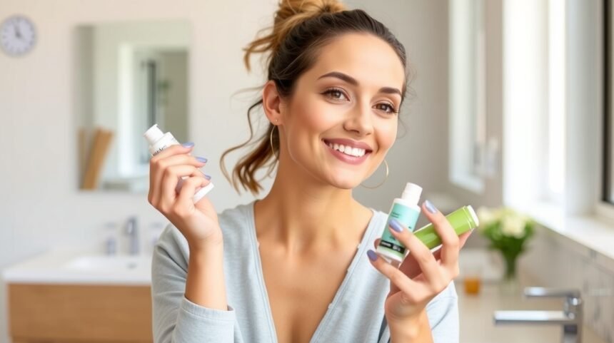 Női bőrápolás otthon, boldog mosoly a szépségápolásról.