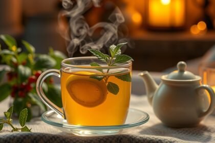 Friss citromfű tea citromszeletekkel és mentalevéllel