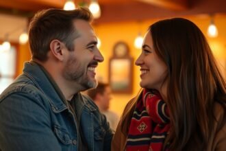 Fiatal pár mosolyogva néz egymásra barátság vagy szerelem jeleit mutatva.