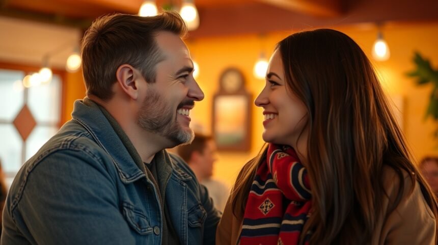 Fiatal pár mosolyogva néz egymásra barátság vagy szerelem jeleit mutatva.