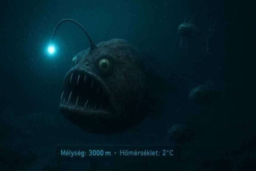 Egy mélytengeri hal, amely világít a sötét vízben