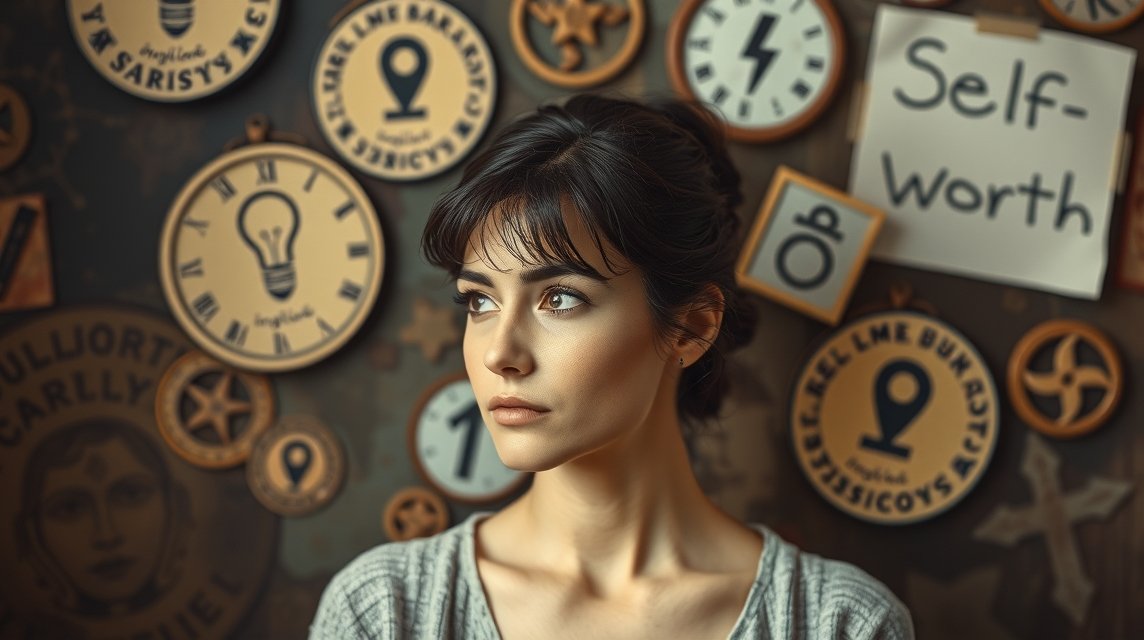 Egy nő, aki a saját értékéről gondolkodik, háttérben órák és szimbólumok.