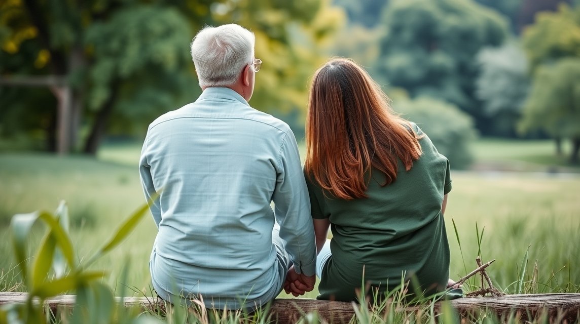 Egy pár a természetben ülve, kéz a kézben, érzelmi támogatást keresve.