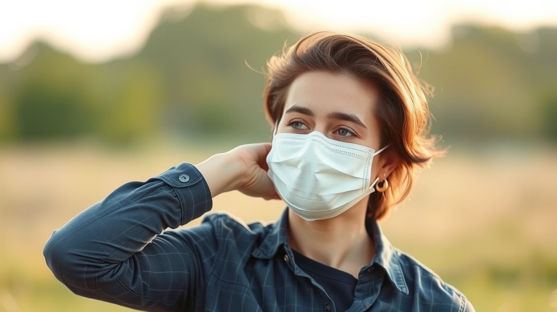 Fiatal nő maszkban, szabadban, önreflexió és határok érintése