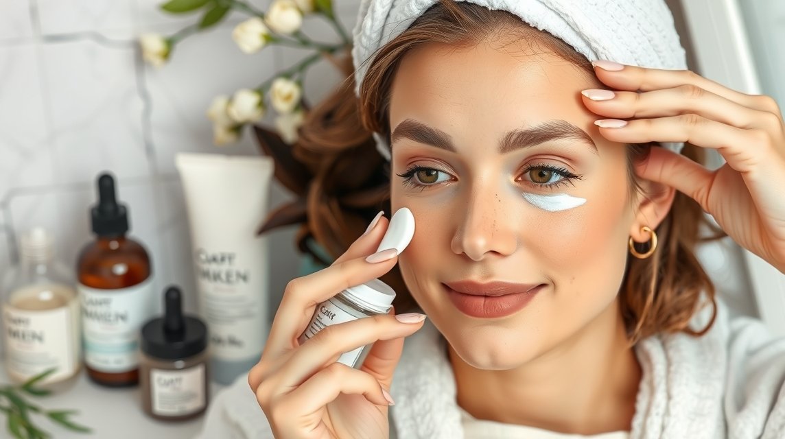 Nő szemkörnyékápoló krémet alkalmaz a sötét karikák csökkentése érdekében.