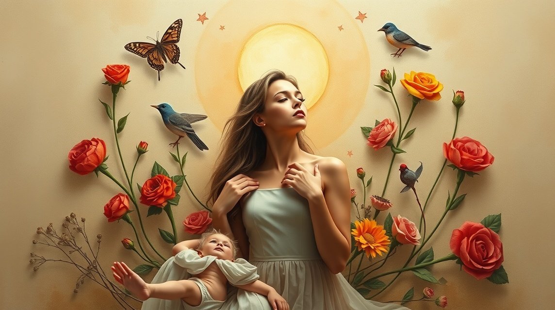 Gyönyörű nő és baba virágokkal, napfényben