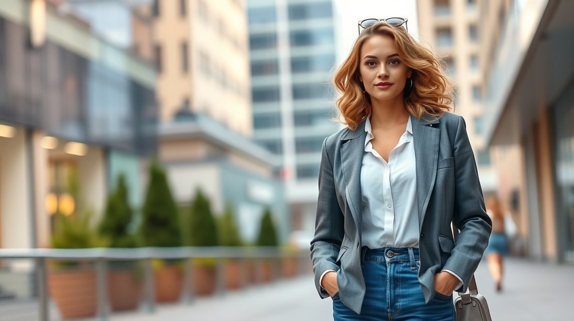 Egy fiatal nő elegáns ruházatban áll egy városi környezetben.
