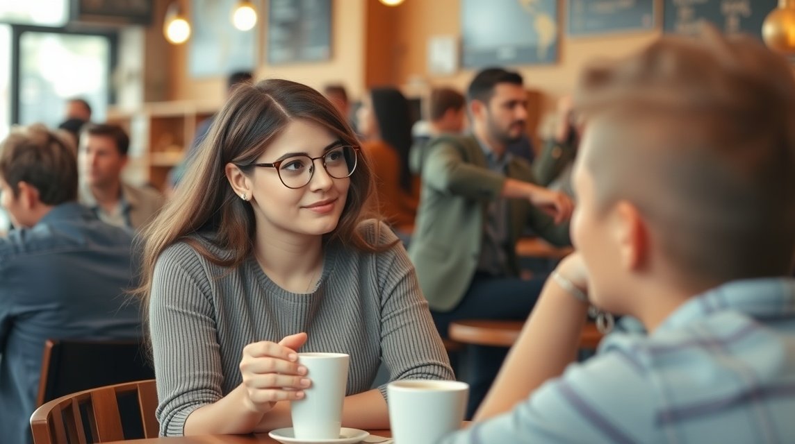 Fiatal nő, aki figyelmesen hallgat egy kávézóban, férfi társaságában.