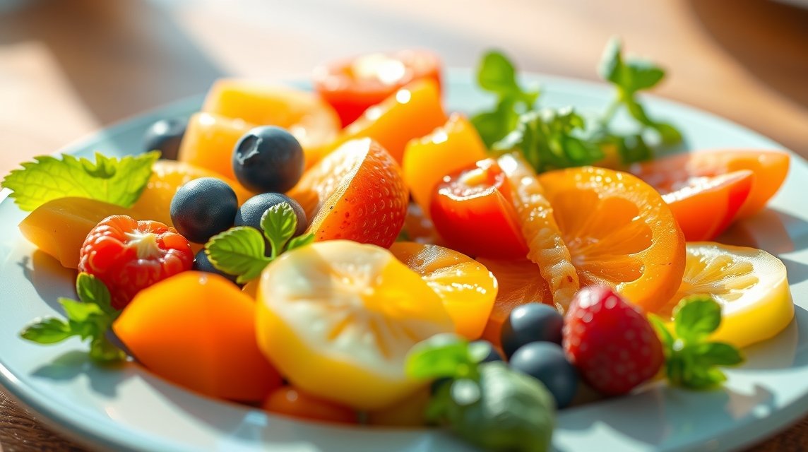 Friss gyümölcsök tálban, B12-vitamin forrásokkal