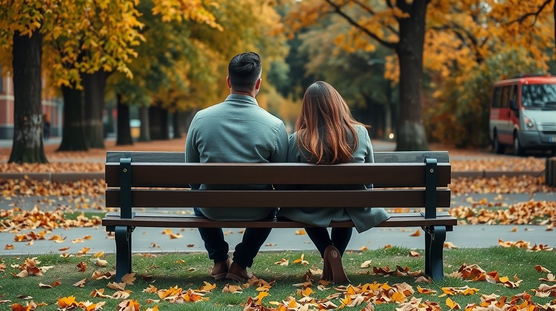 Pár ül egy padon az őszi fákkal körülvéve, kapcsolatuk erősségéről gondolkodva.