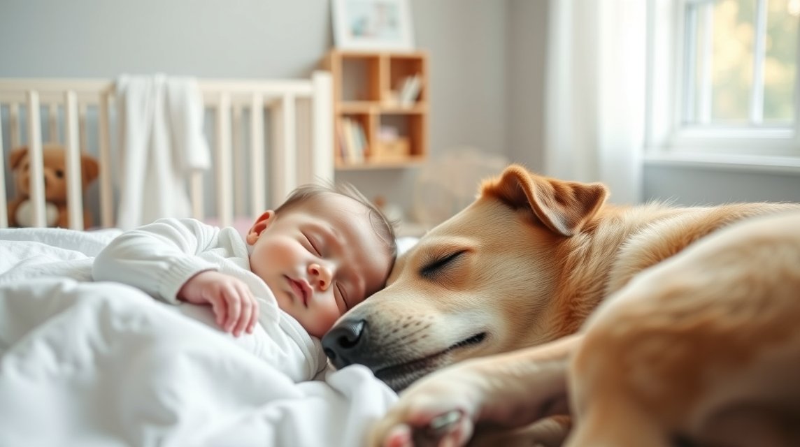 Baba és kutya együtt pihennek egy szobában, biztonságban.