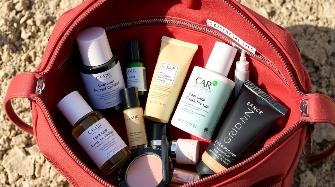Szépségápolási termékek utazáshoz egy piros táskában