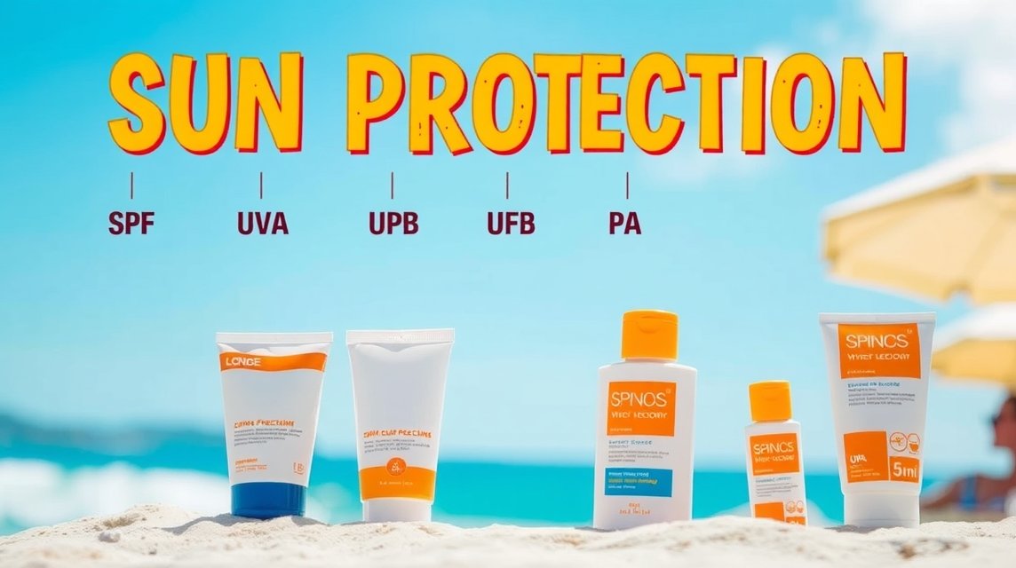 Fényvédő termékek a napsütésben, SPF, UVA, UVB, PA jelzésekkel