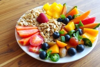 Egészséges gyümölcs- és zabkeverék tányéron