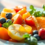 Friss gyümölcsök tálban, B12-vitamin forrásokkal