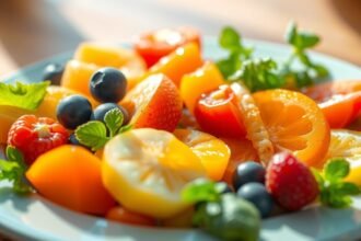 Friss gyümölcsök tálban, B12-vitamin forrásokkal