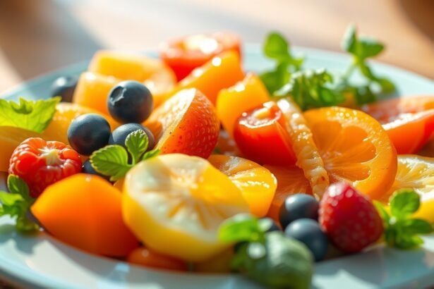 Friss gyümölcsök tálban, B12-vitamin forrásokkal