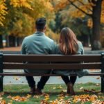 Pár ül egy padon az őszi fákkal körülvéve, kapcsolatuk erősségéről gondolkodva.