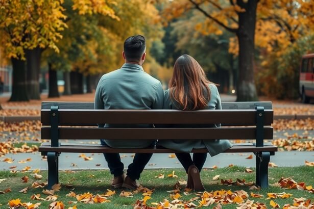 Pár ül egy padon az őszi fákkal körülvéve, kapcsolatuk erősségéről gondolkodva.